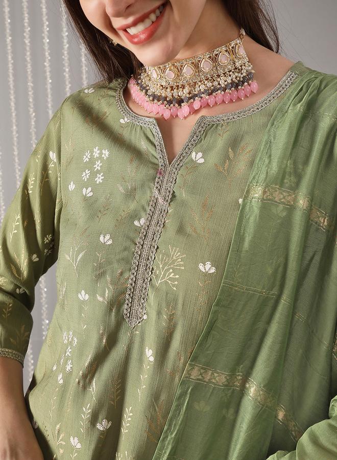 globus Women Green Ethnic Print Embroidered Straight Kurta with Pant and Dupatta Set - Image 3